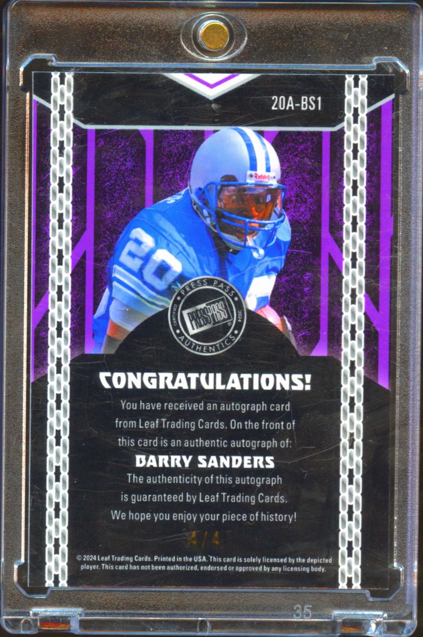 Barry Sanders 2024 Leaf Press Pass Auto Autograph 4/4 Detroit Lions
