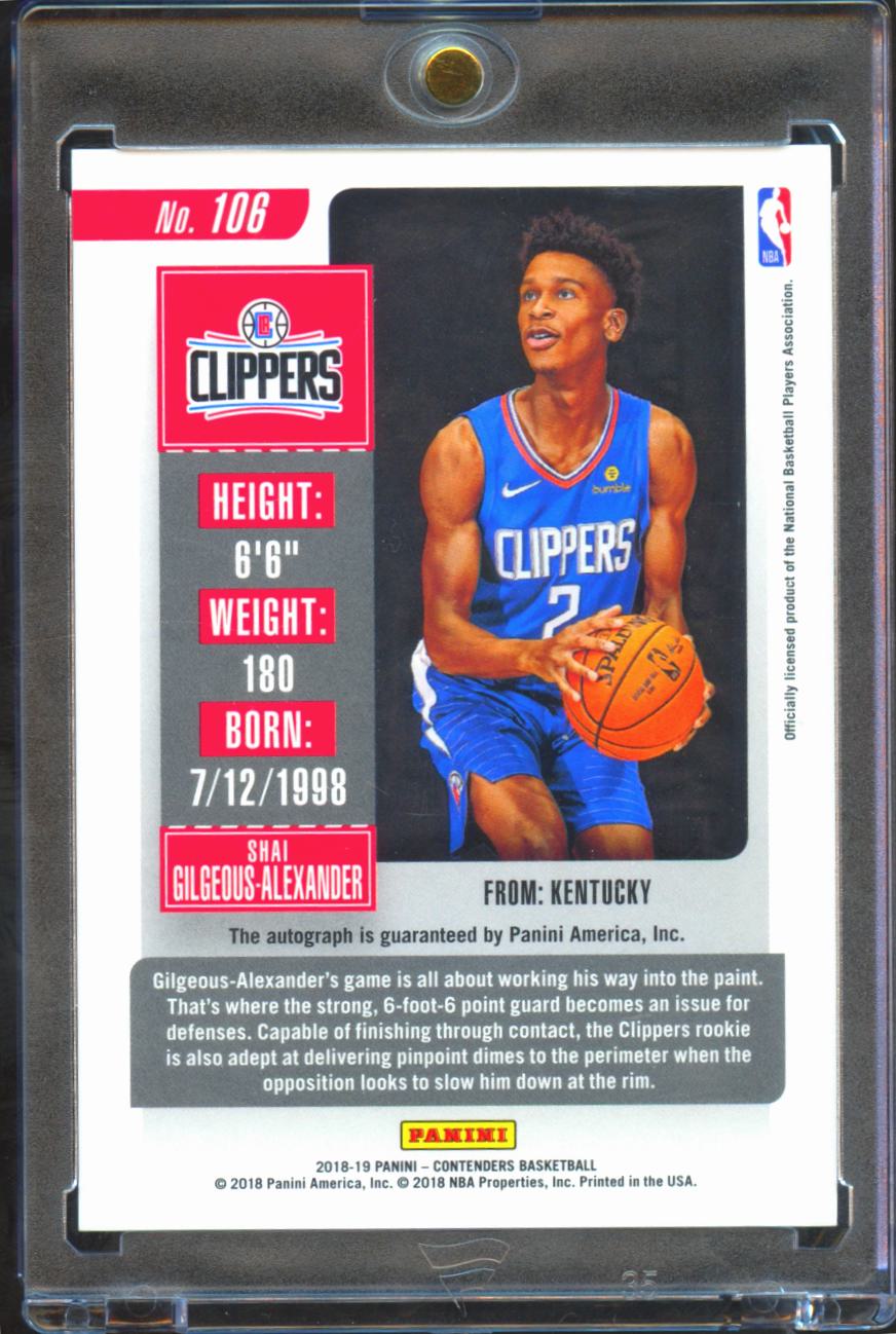 Shai Gilgeous-Alexander 2018-19 Contenders Auto Autograph RC 22/25 OKC Clippers