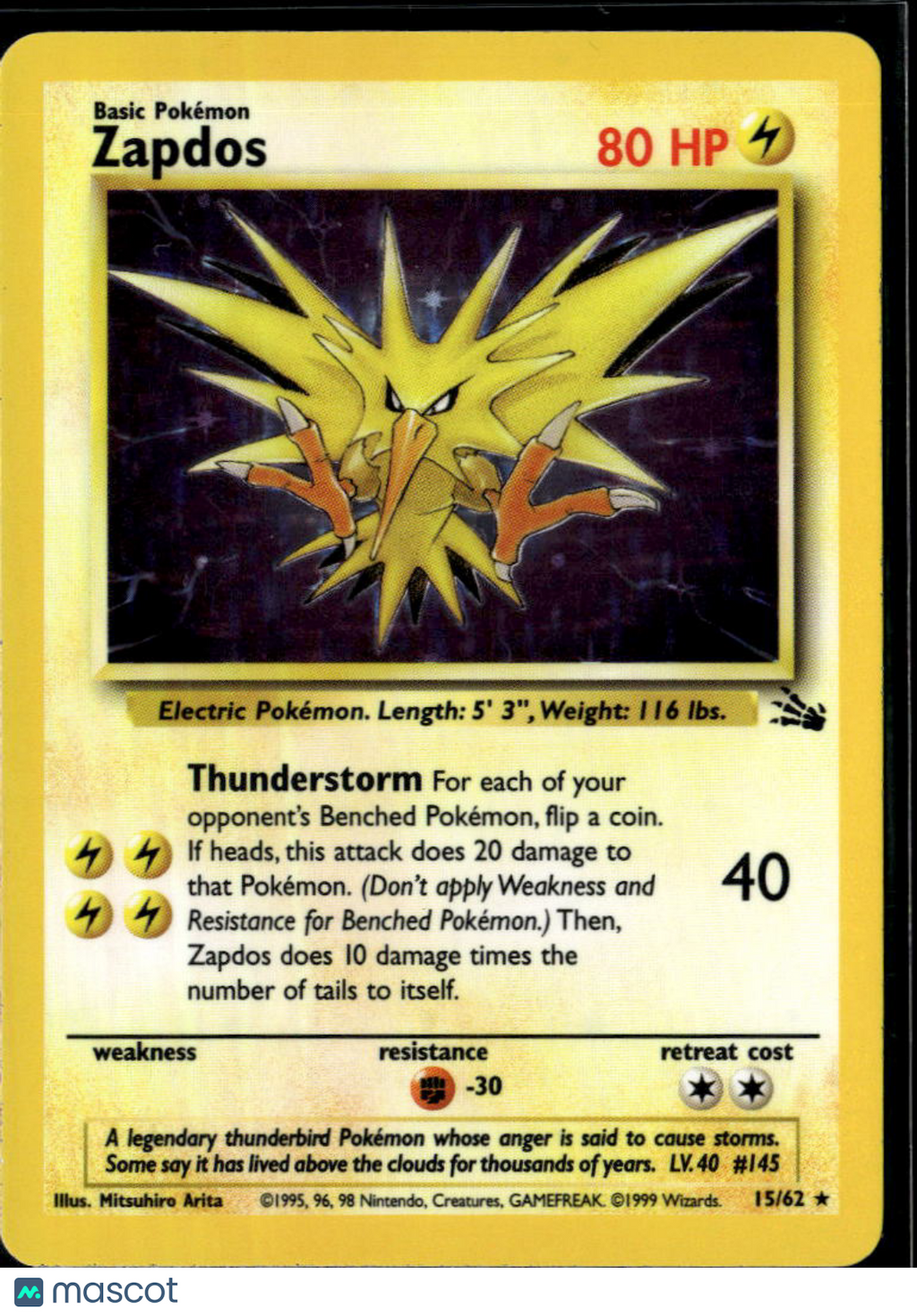 Zapdos 1999 Fossil Holo Rare #15/62