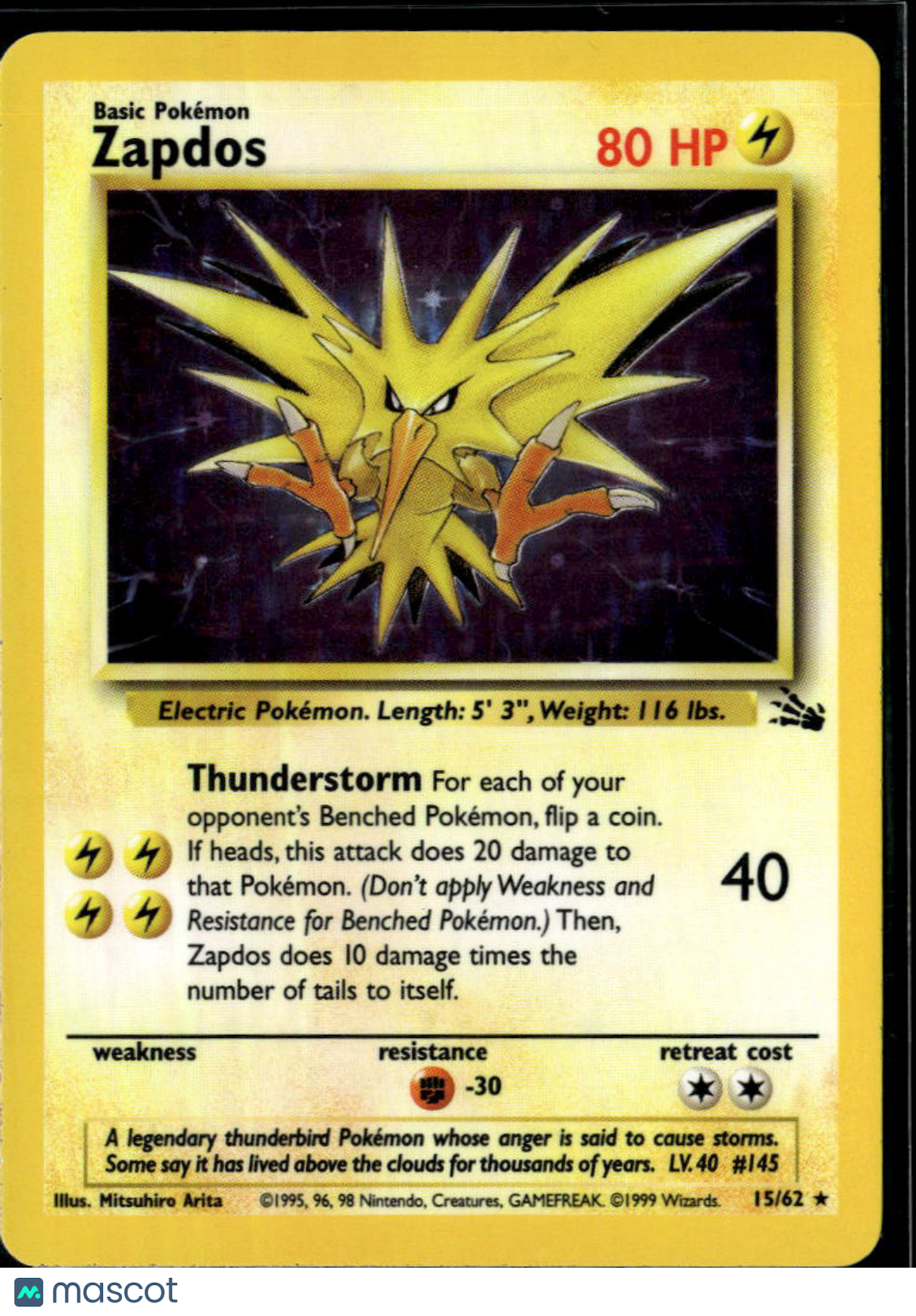 Zapdos 1999 Fossil Holo Rare #15/62