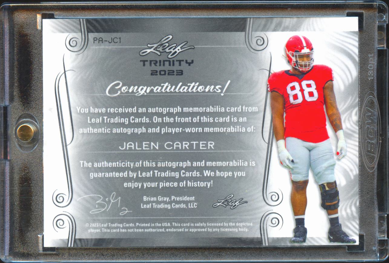 Jalen Carter 2023 Leaf Trinity Auto Autograph Laundry Tag RC 7/7 Georgia