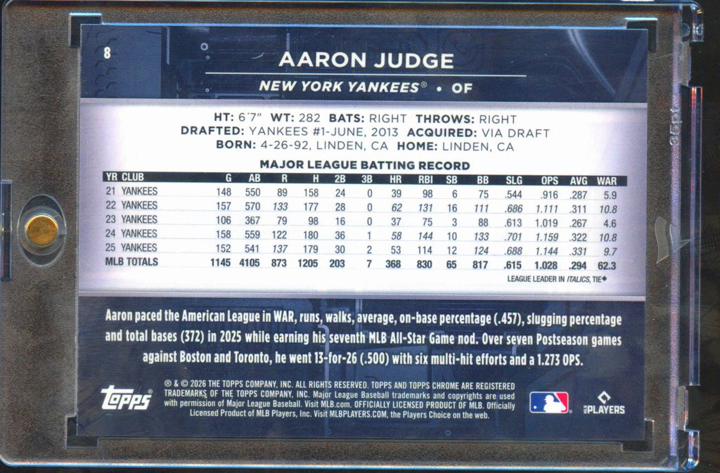 Aaron Judge 2026 Topps Chrome Black Blue Refractor 42/150 New York Yankees
