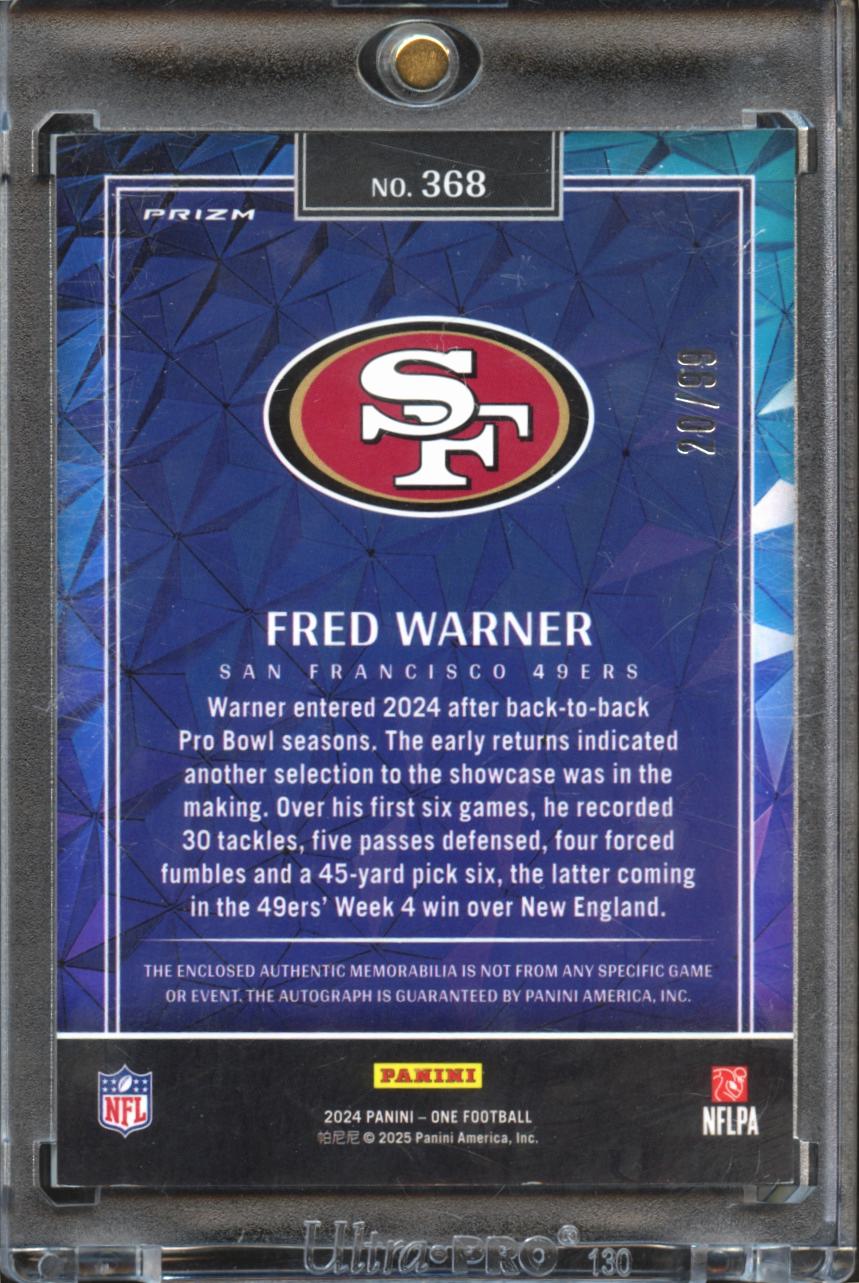 Fred Warner 2024 Panini One Auto Autograph Patch 20/99 San Francisco 49ers