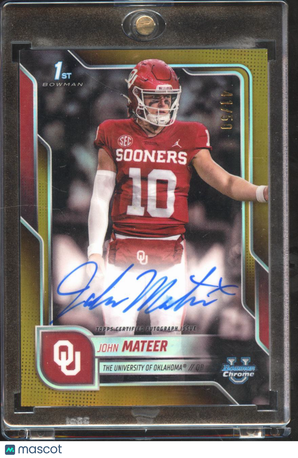 John Mateer 2025 Bowman Chrome 1st GOLD Auto Autograph RC 41/50 Oklahoma Sooners