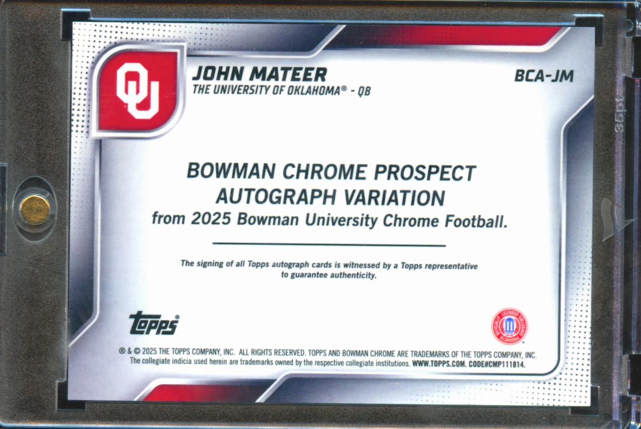 John Mateer 2025 Bowman Chrome 1st GOLD Auto Autograph RC 41/50 Oklahoma Sooners