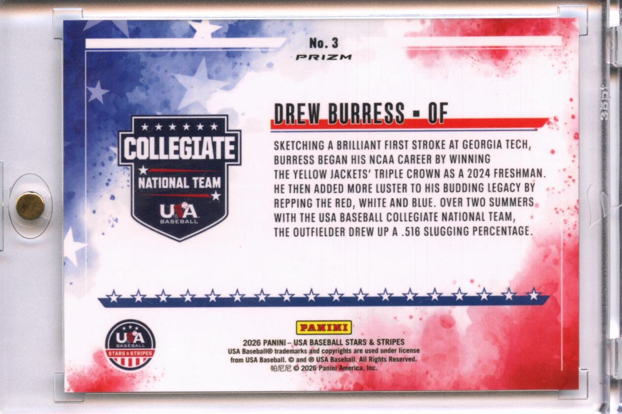 Drew Burress 2026 USA Baseball Stars & Stripes Color Blast SSP CASE HIT #3