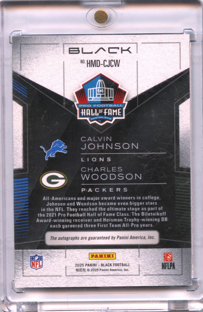 Calvin Johnson / Charles Woodson 2025 Panini Black Hall Mates Auto Autograph /25