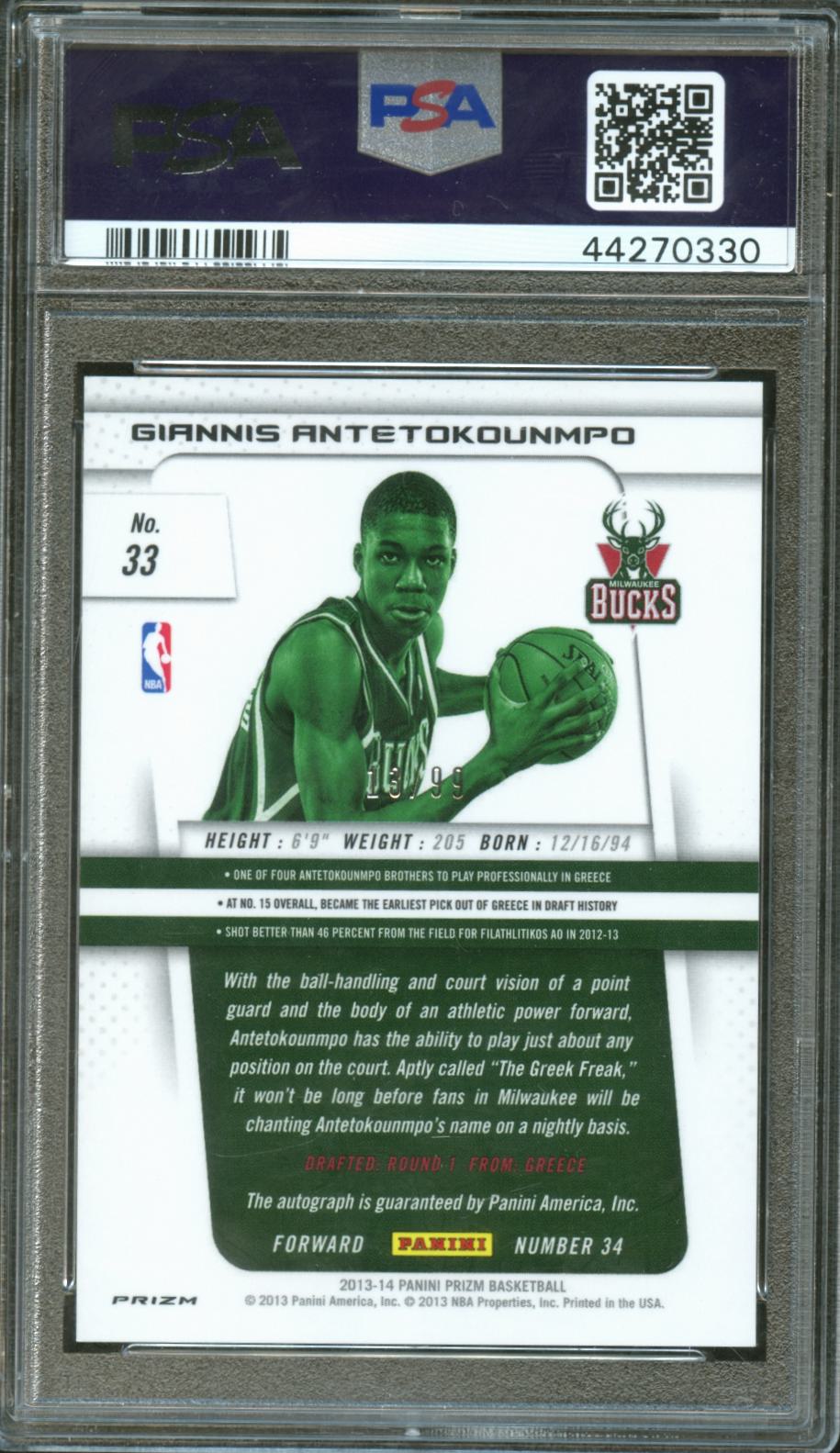 Giannis Antetokounmpo 2013-14 Prizm Auto Autograph Blue RC Bucks 13/99 PSA 10