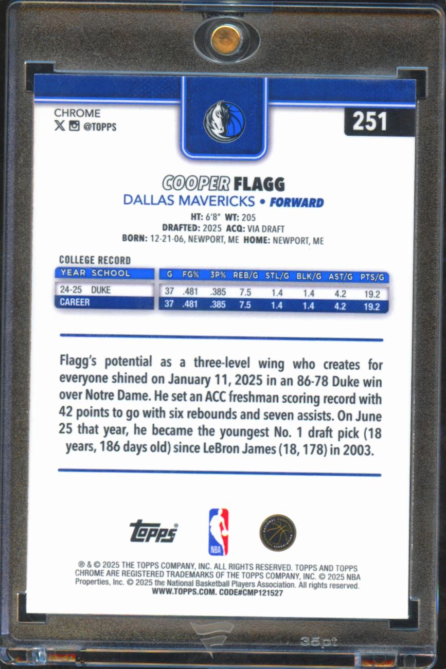 Cooper Flagg 2025-26 Topps Chrome Basketball Refractor Rookie RC Mavericks #251