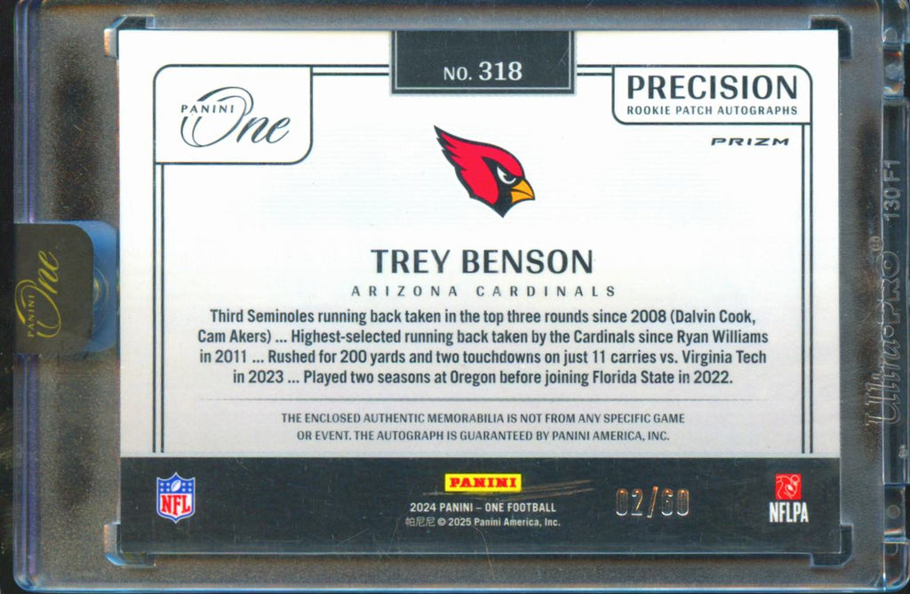 Trey Benson 2025 Panini One Precision Auto Autograph RC 2/60 Arizona Cardinals
