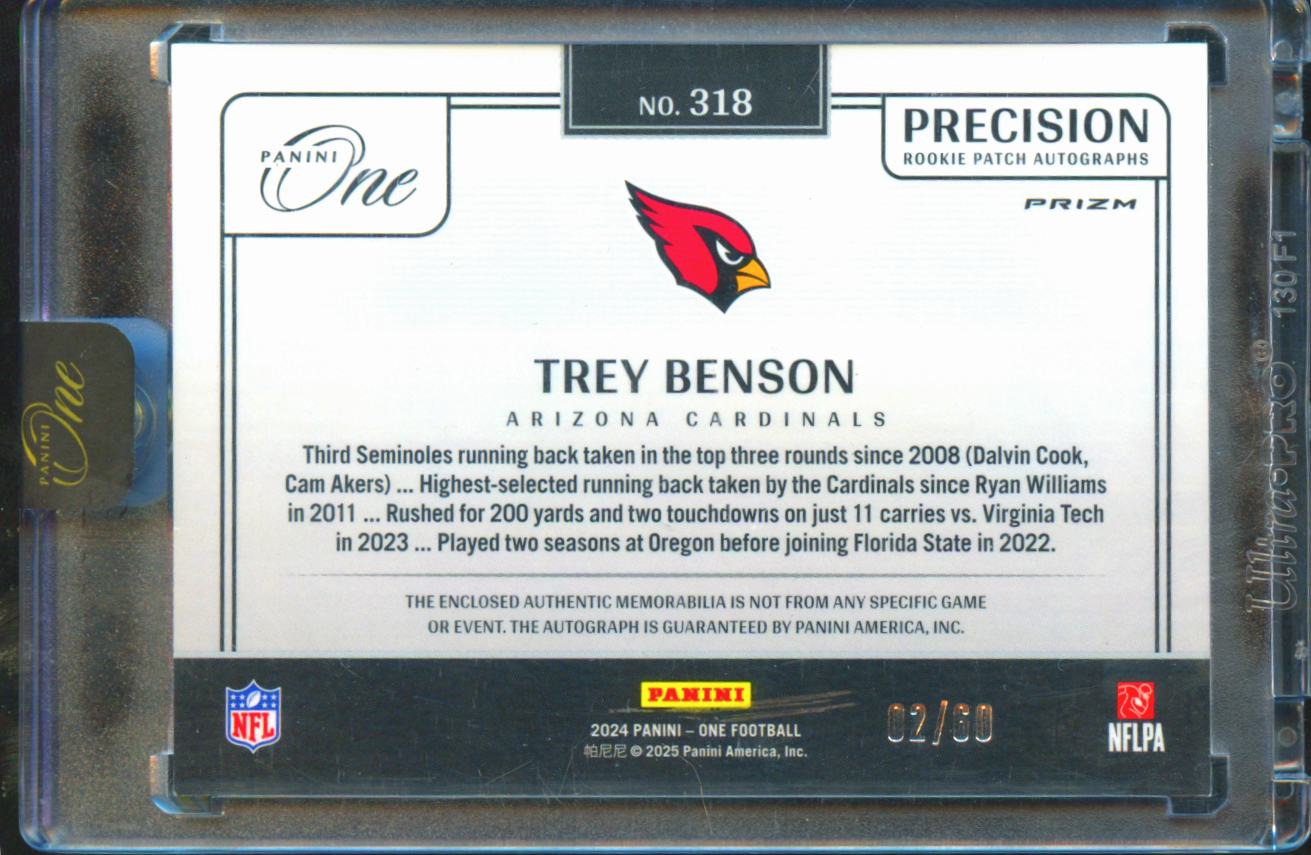 Trey Benson 2025 Panini One Precision Auto Autograph RC 2/60 Arizona Cardinals