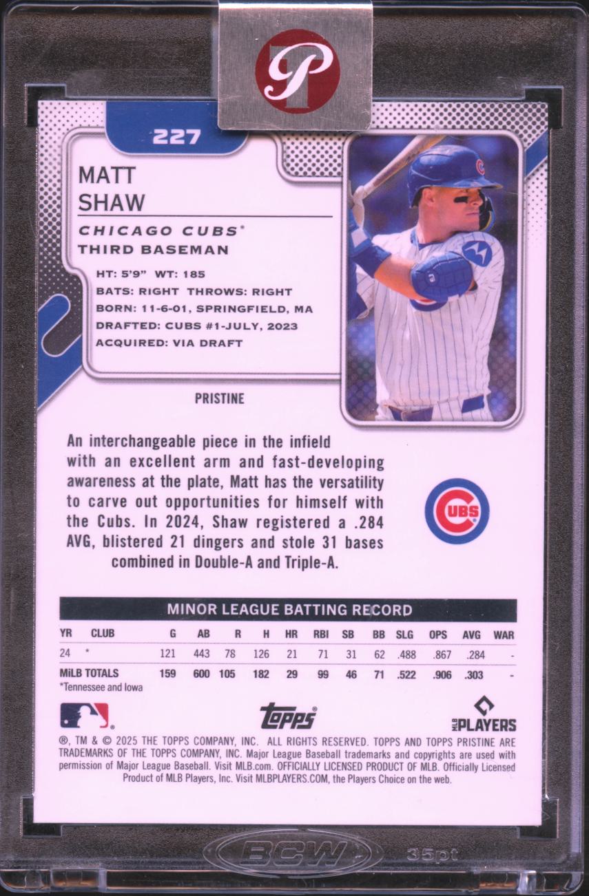 Matt Shaw 2025 Topps Pristine RC Aqua Refractor Rookie 21/199 Chicago Cubs