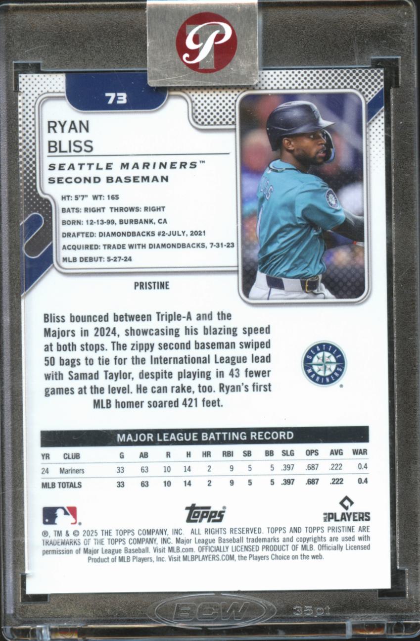 Ryan Bliss 2025 Topps Pristine GOLD Refractor RC Rookie 13/50 Seattle Mariners