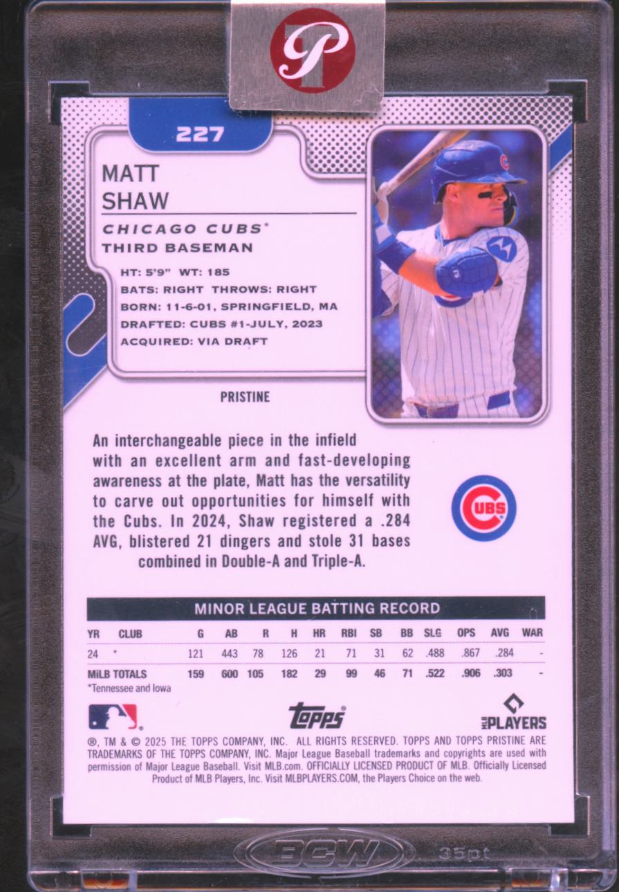 Matt Shaw 2025 Topps Pristine RC Aqua Refractor Rookie 12/199 Chicago Cubs