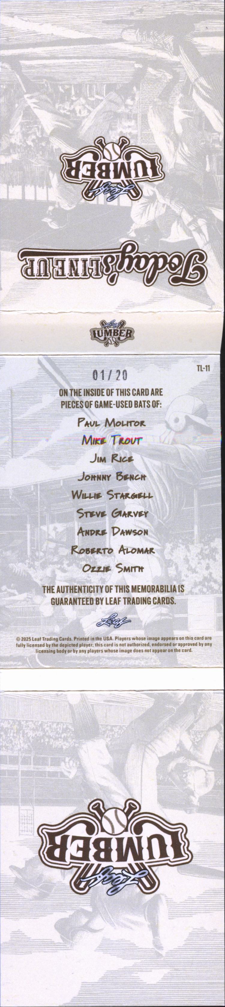 Ozzie Smith Mike Trout Bench Dawson Garvey Alomar Leaf Lumber Game Used Bat 1/20
