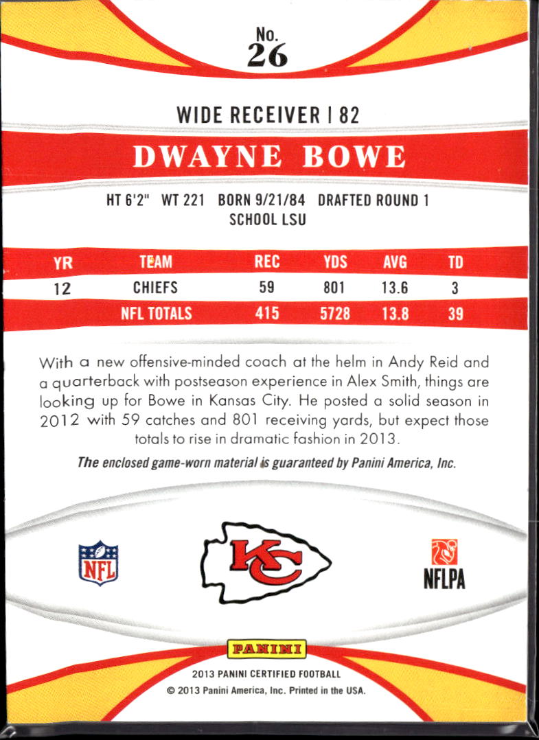Dwayne Bowe 2013 Certified Game Worn Jersey Patch 44/49 Kansas City Chiefs