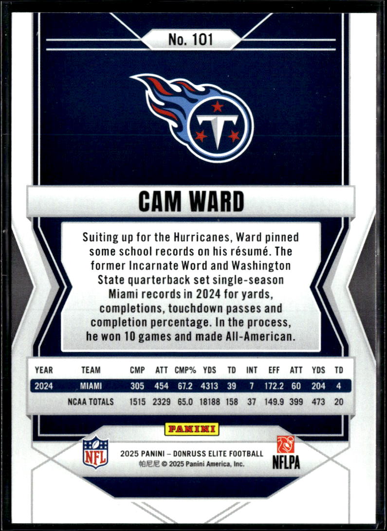 Cam Ward 2025 Donruss Elite Green Disco Rookie RC Tennessee Titans