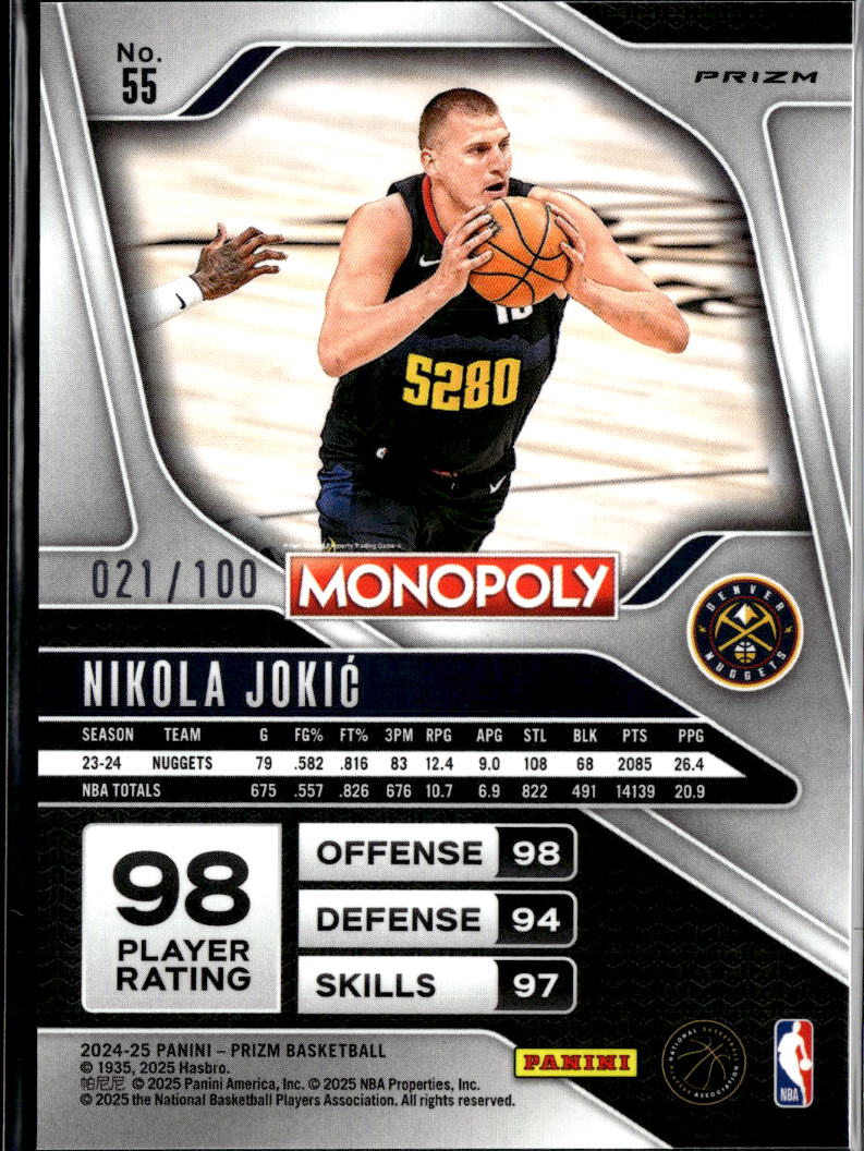 Nikola Jokić 2025 Panini Prizm Monopoly Red Shimmer /100 Denver Nuggets