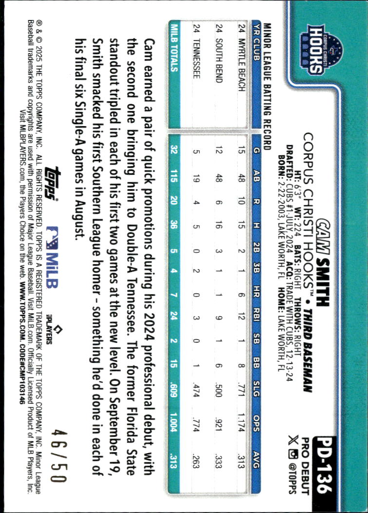 Cam Smith 2025 Topps Pro Debut Gold RC 46/50 Astros Corpus Christi Hooks