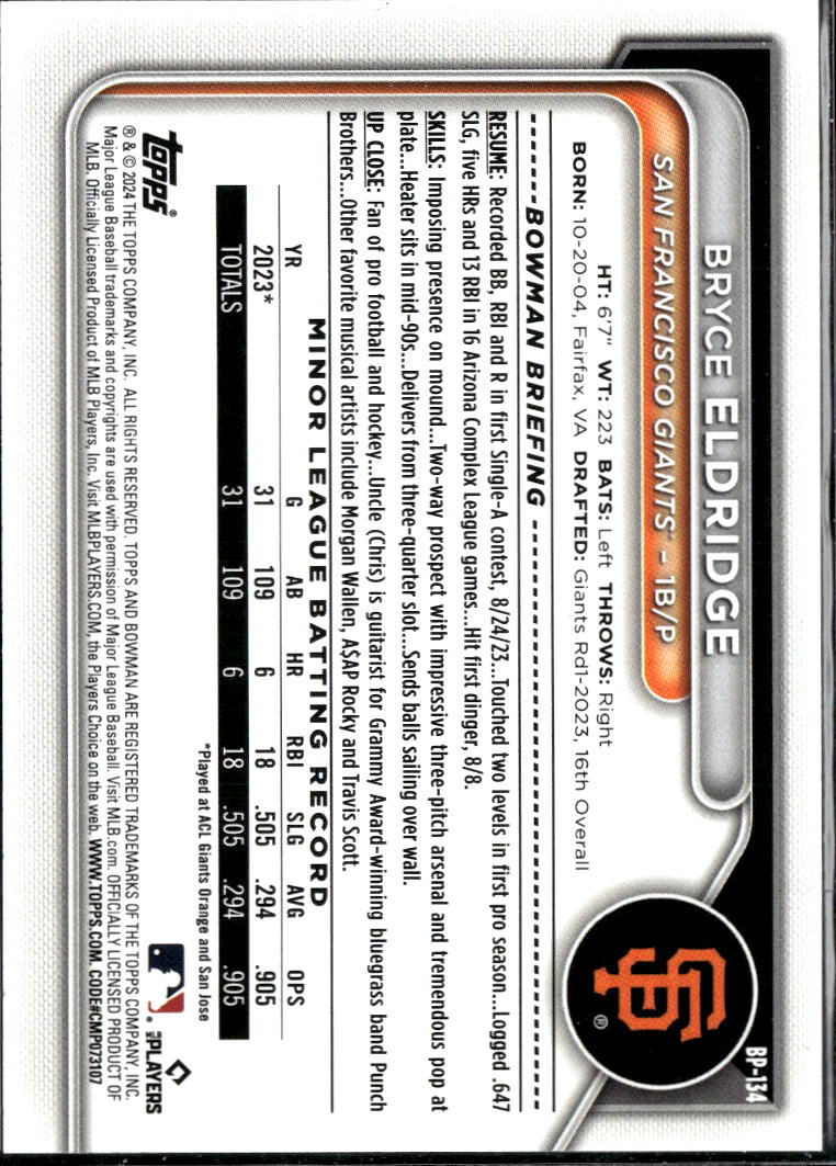 Bryce Eldridge 2024 Bowman Green SSP 5/15 San Francisco Giants