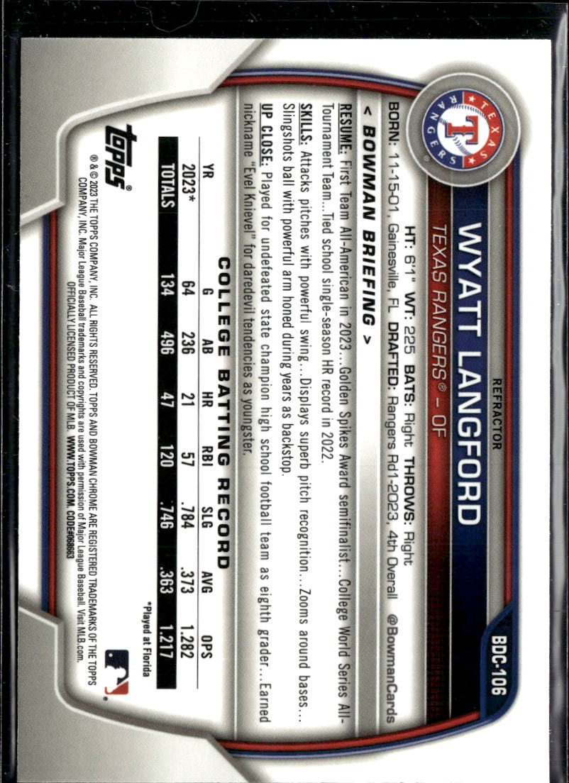 Wyatt Langford 2023 Bowman Chrome 1st Refractor RC Rookie Texas Rangers
