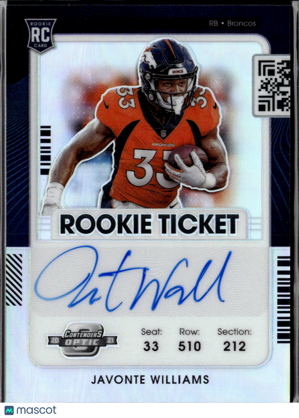 Javonte Williams 2021 Contenders Optic Auto Autograph RC Denver Broncos