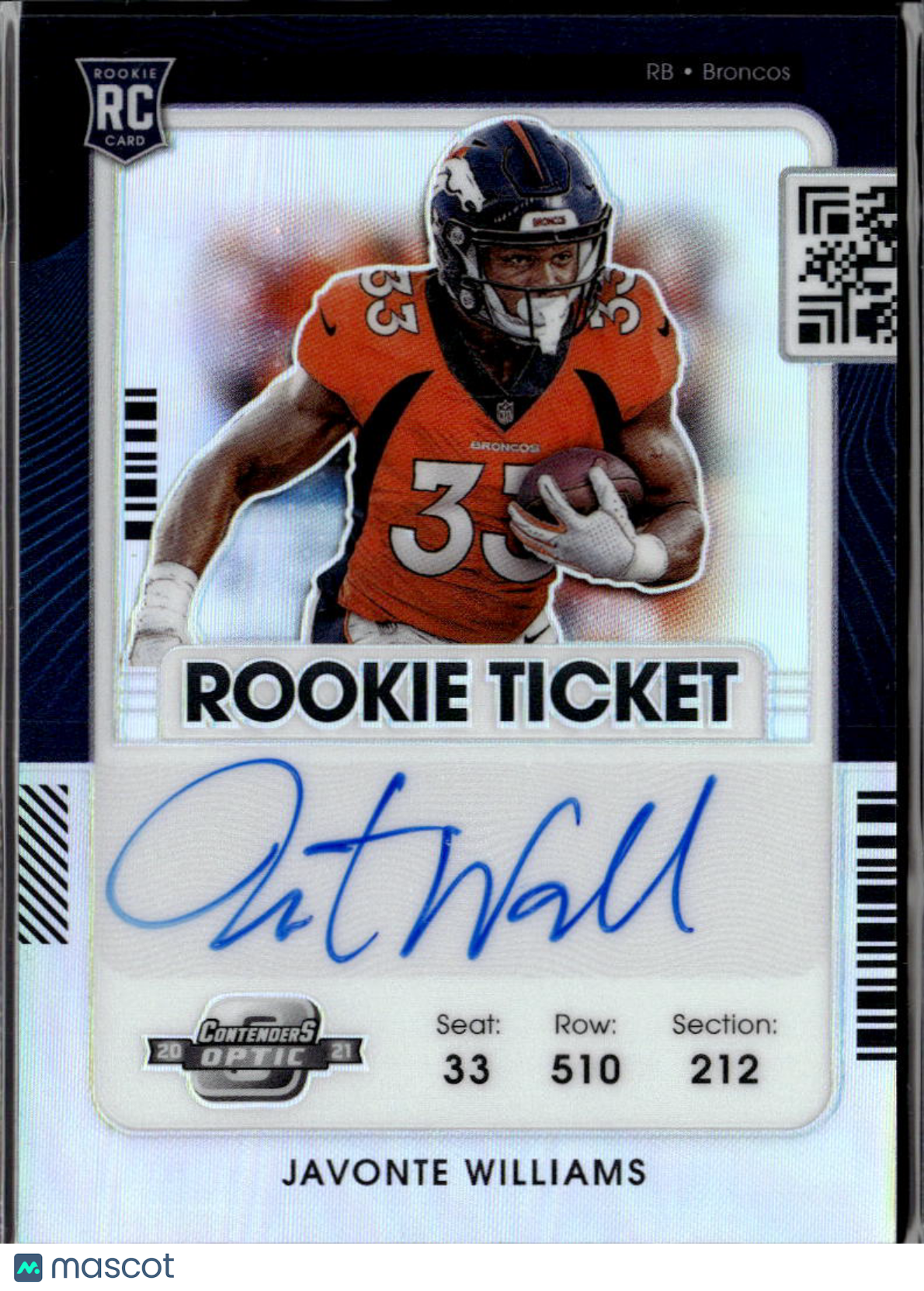 Javonte Williams 2021 Contenders Optic Auto Autograph RC Denver Broncos