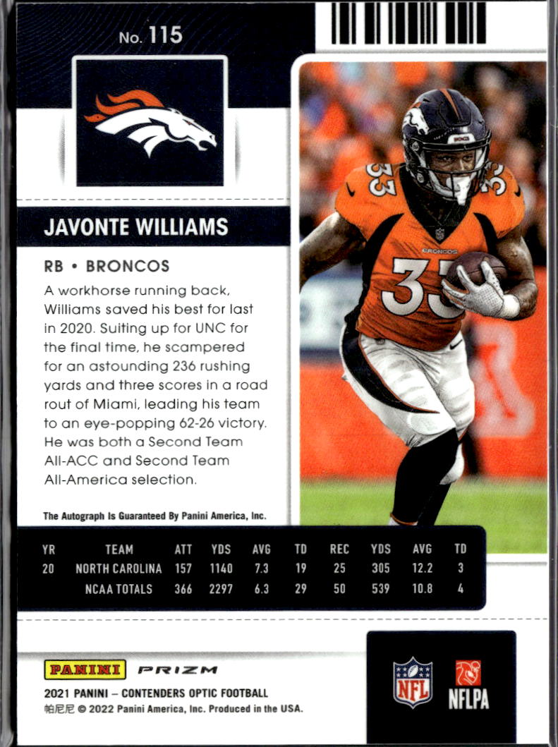 Javonte Williams 2021 Contenders Optic Auto Autograph RC Denver Broncos