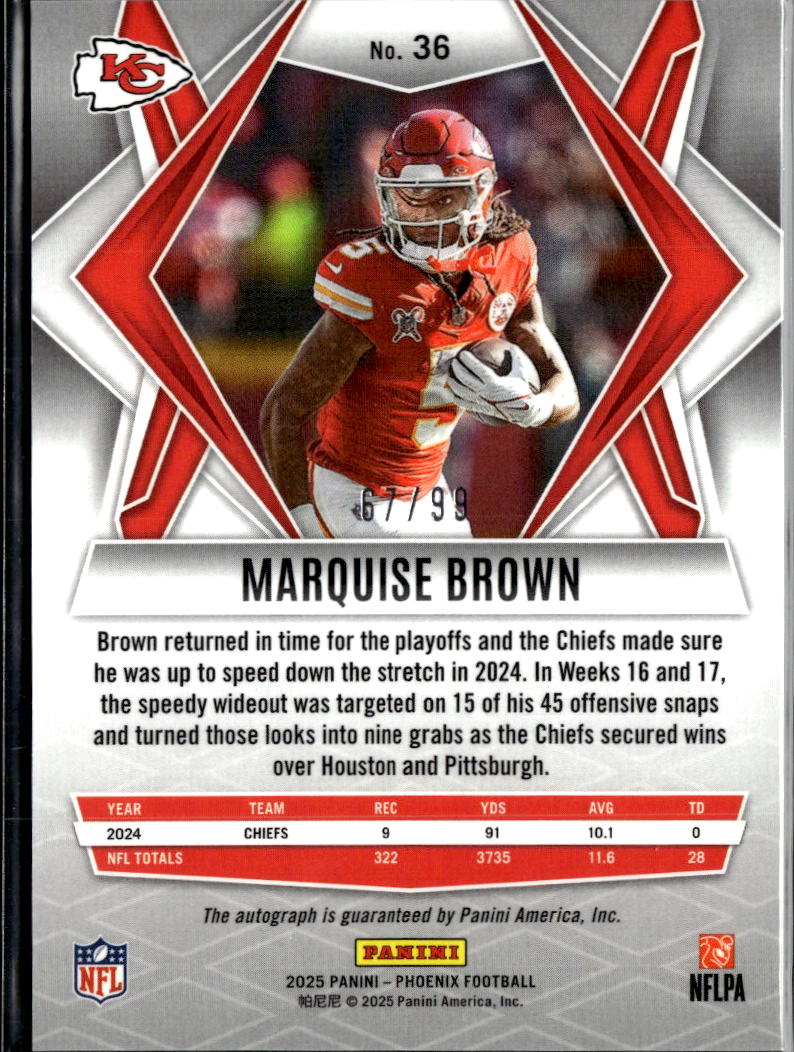 Marquise Brown 2025 Phoenix Auto Autograph Red 67/99 Kansas City Chiefs