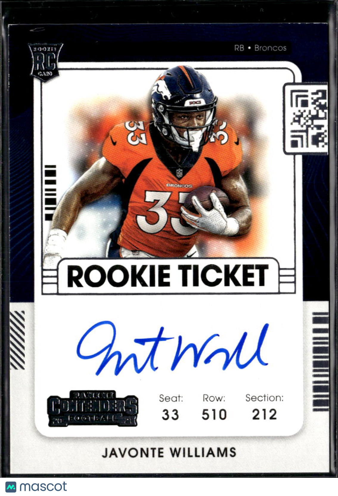 Javonte Williams 2021 Contenders Auto Autograph RC Denver Broncos