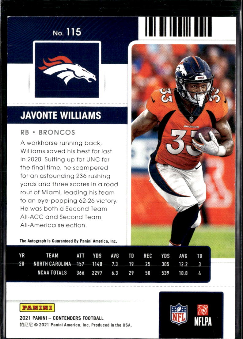 Javonte Williams 2021 Contenders Auto Autograph RC Denver Broncos