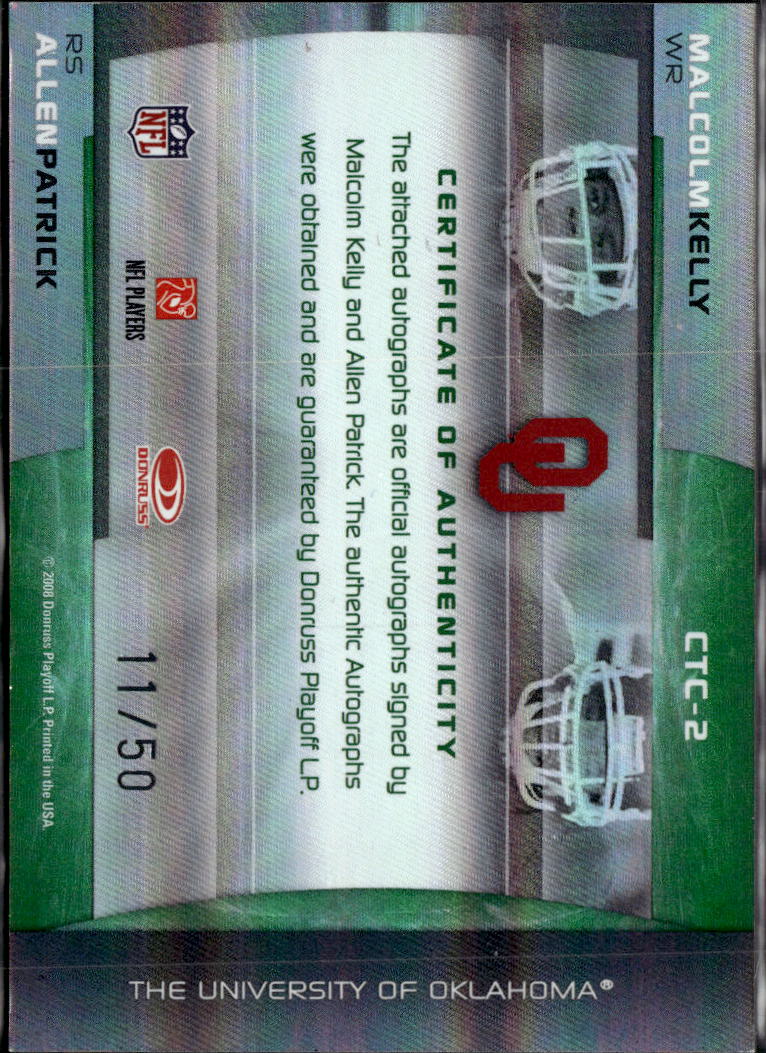 Allen Patrick / Malcolm Kelly 2008 Elite College Ties Auto Autograph /50 Sooners
