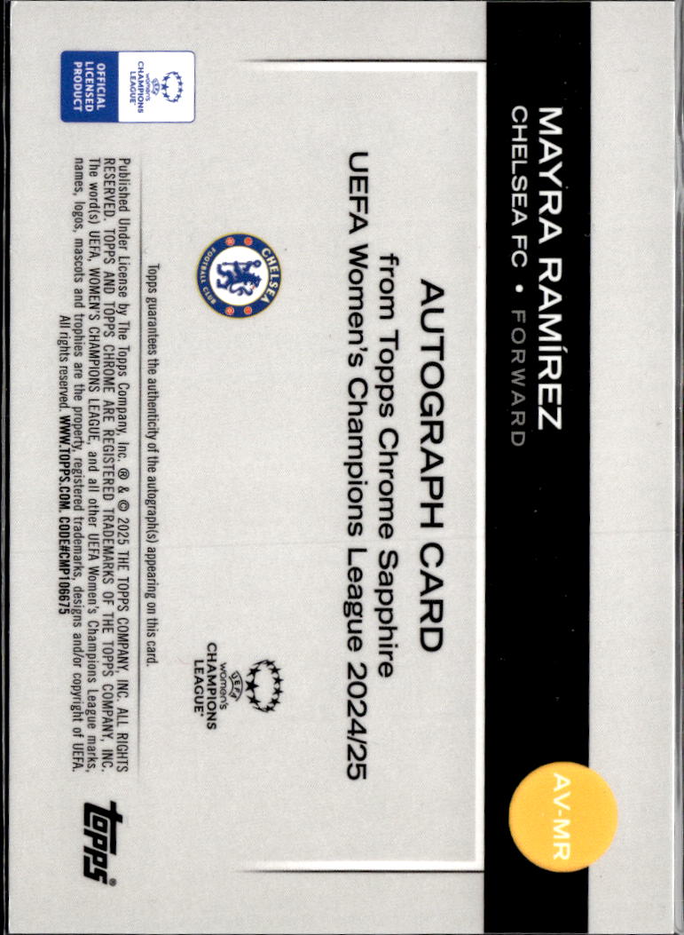 Mayra Ramírez 2025 Topps Chrome Sapphire UEFA Auto Autograph RC 21/50 Chelsea FC