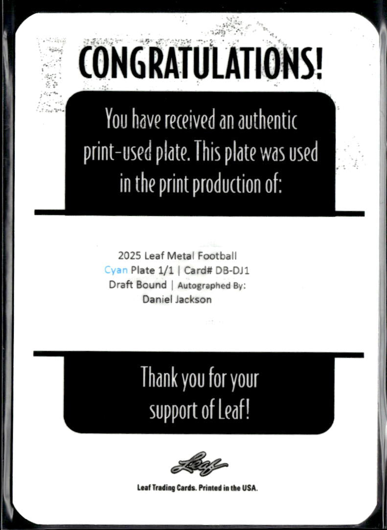Daniel Jackson 2025 Leaf Metal Auto Autograph Printing Plate 1/1 Minnesota