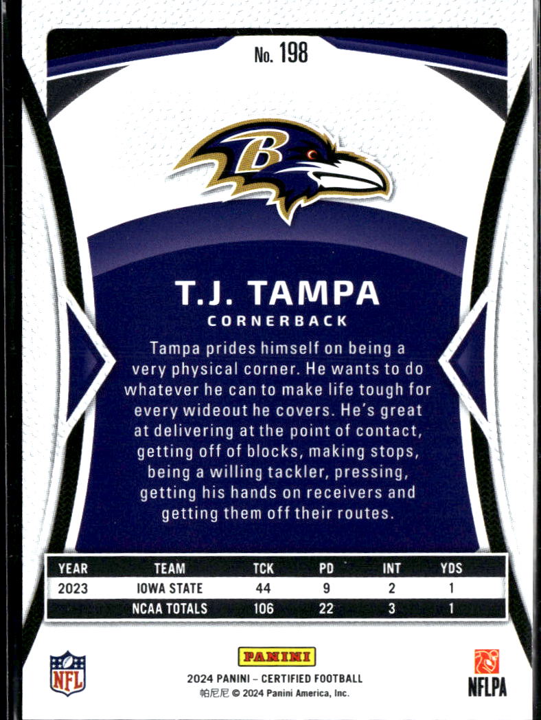 T.J. Tampa 2024 Certified Mirror Purple Rookie RC 6/10 Baltimore Ravens