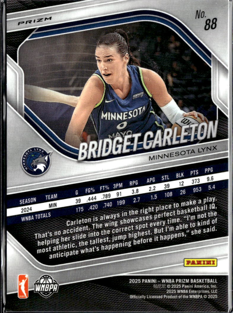 Bridget Carleton 2025 Panini Prizm White Checkerboard SSP Minnesota Lynx