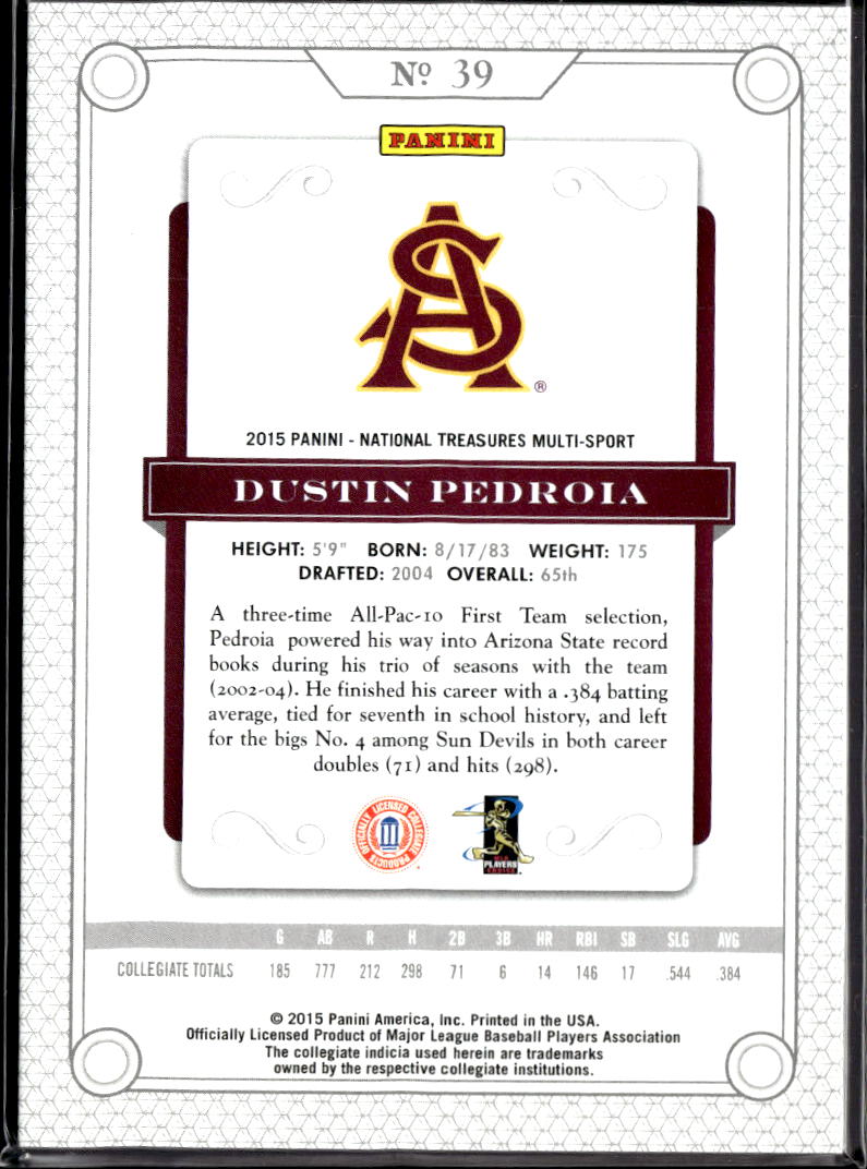 Dustin Pedroia 2015 Panini National Treasures 17/25 Arizona State Red Sox