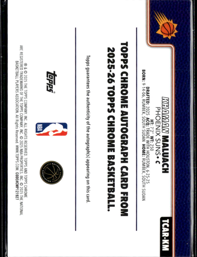 Khaman Maluach 2025-26 Topps Chrome Auto Autograph Rookie RC Phoenix Suns