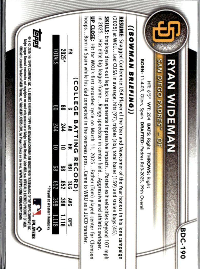 Ryan Wideman 2025 Bowman Chrome 1st Rookie Blue Mega Box 80/150 San Diego Padres
