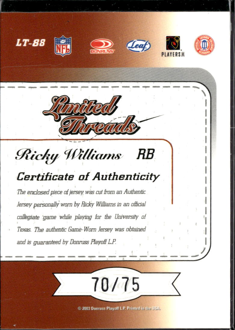 Ricky Williams 2003 Leaf Limited Limited Game Worn Jersey Patch Longhorns 70/75