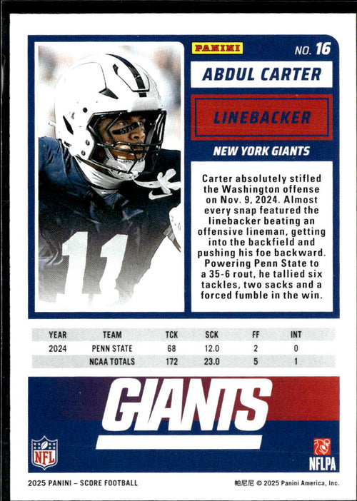 Abdul Carter 2025 Score Extraterrestrial Rookie RC SSP Penn State NY Giants