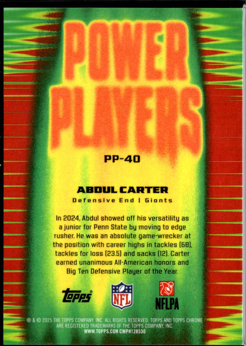 Abdul Carter 2025 Topps Chrome Power Players Red Refractor 3/5 New York Giants