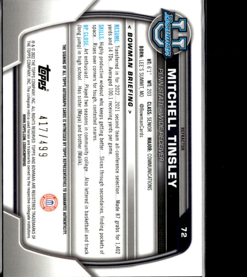 Mitchell Tinsley 2022 Bowman Chrome 1st Auto Autograph Penn State /499