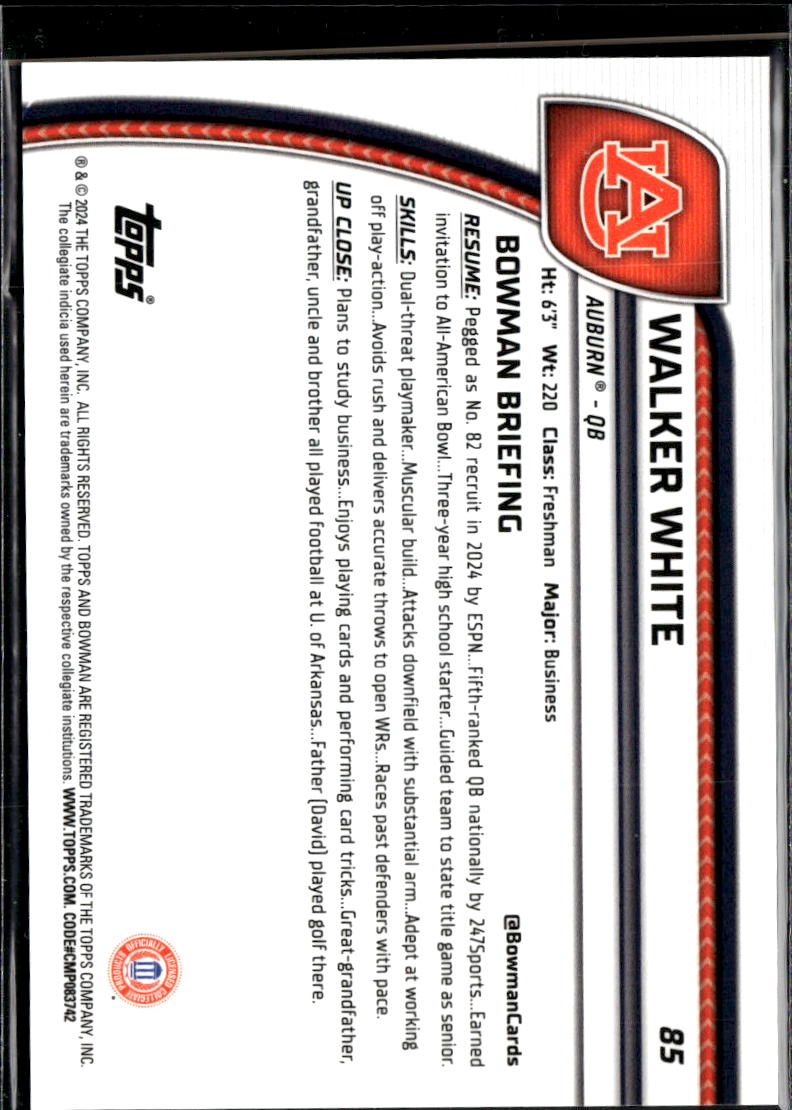 Walker White 2024 Bowman Chrome 1st Sapphire Orange Shimmer 17/25 Auburn