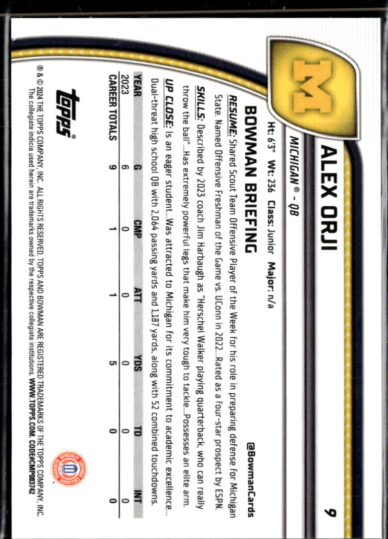 Alex Orji 2024 Bowman Chrome University Yellow Geometric Michigan Wolverines