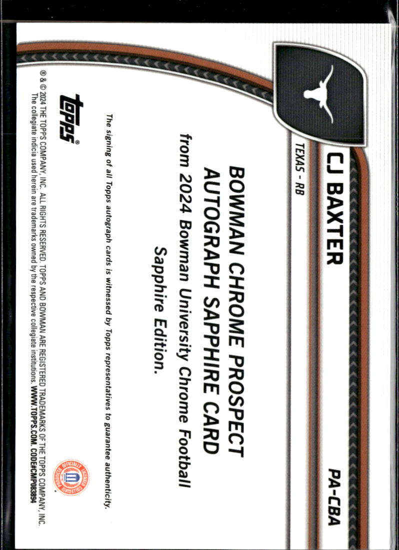 CJ Baxter 2024 Bowman Chrome Auto Autograph RC Orange 8/25 Texas Longhorns