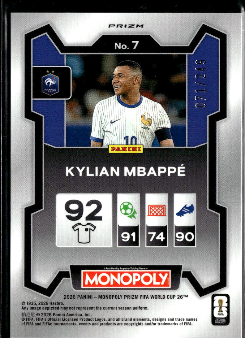 Kylian Mbappe 2026 Monopoly Prizm FIFA World Cup Light Blue 71/249 France
