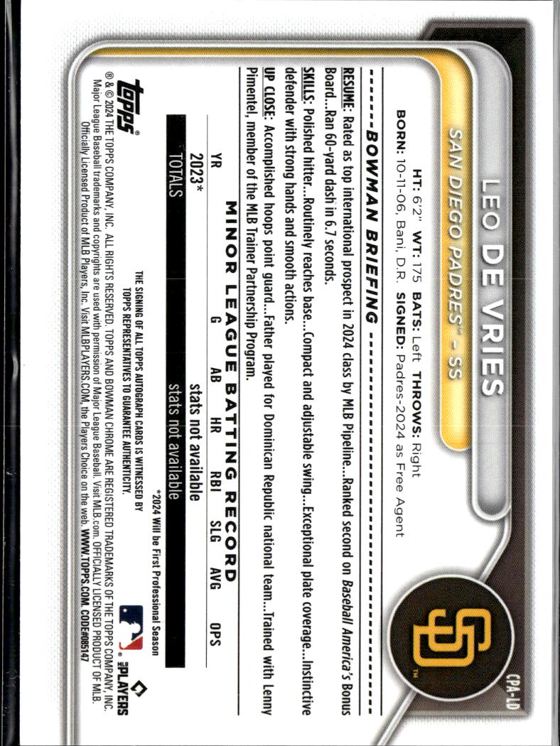 Leo De Vries 2024 Bowman Chrome 1st Auto Autograph RC 125/150 San Diego Padres