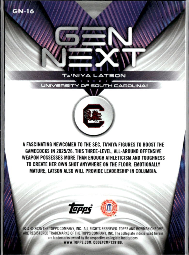 Ta'Niya Latson 2025 Bowman Chrome Gen Next GOLD 34/50 South Carolina Gamecocks