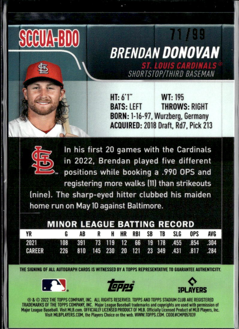 Brendan Donovan 2022 Stadium Club Chrome Auto Autograph RC 71/99 Stl Cardinals